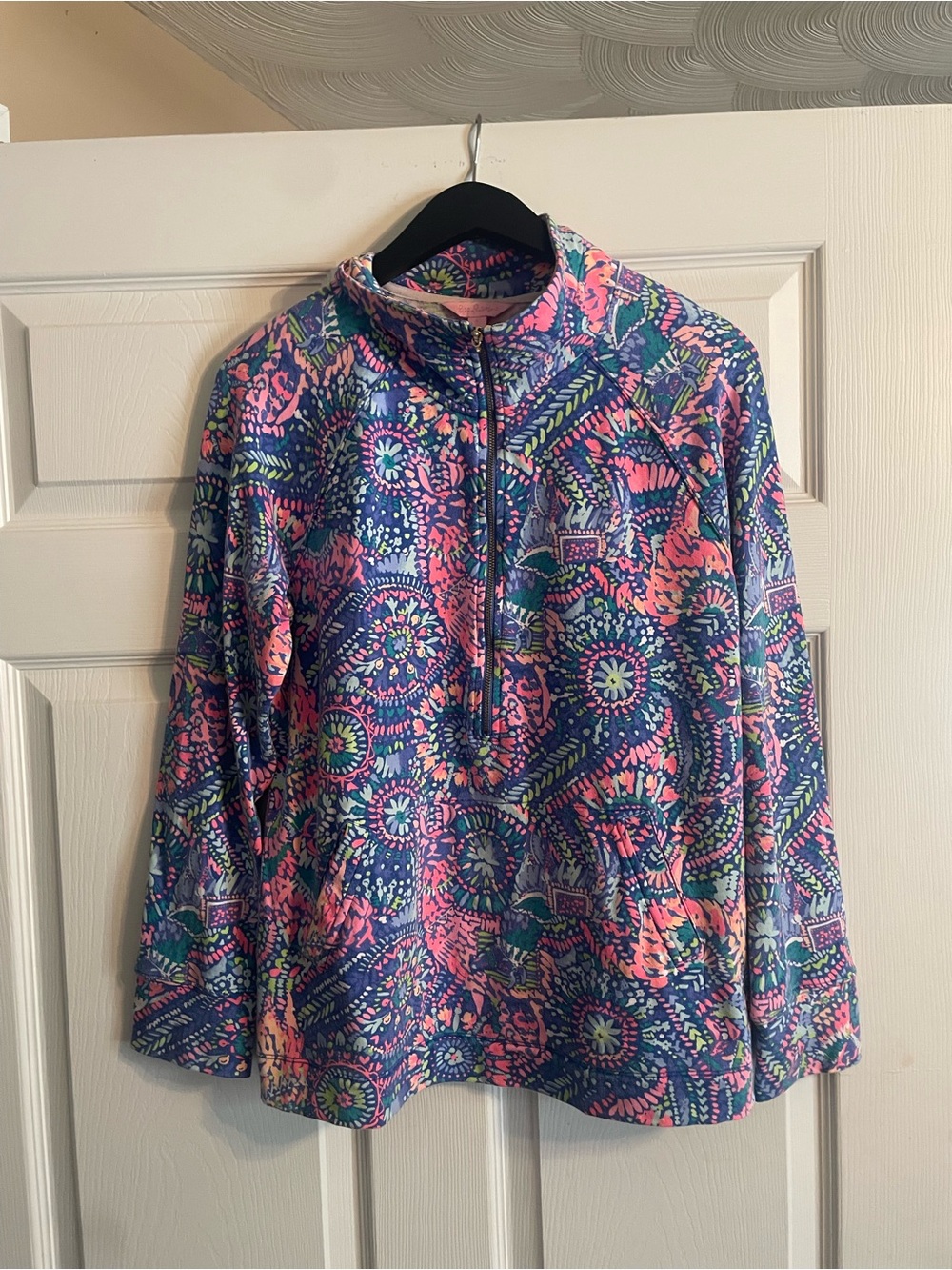 LILLY PULITZER Womens Popover Pullover Half Zip Shirt with Pocket Blue Pink Sz L